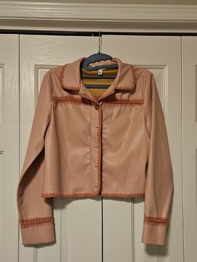 Women's Cropped Blush Pink Faux-Leather Jean Jacket with Trim